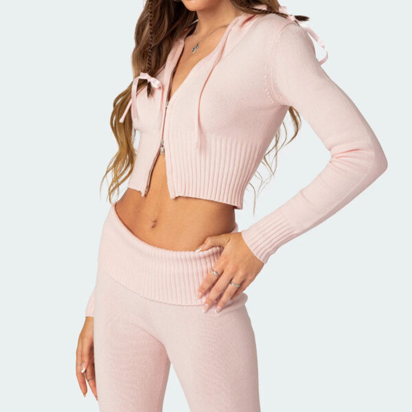 Fashion Knitted Hooded Suit Long Sleeve Zipper Cropped Top And Slim Flared Pants Trousers Solid Outfits Women's Clothing - Image 3