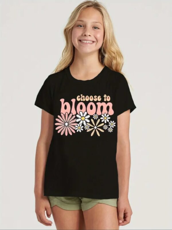 Women'S Summer Sports T-Shirt, Choose To Bloom Graphic Print, Crew Neck, Regular Fit, Alphabet Pattern - Casual Wear