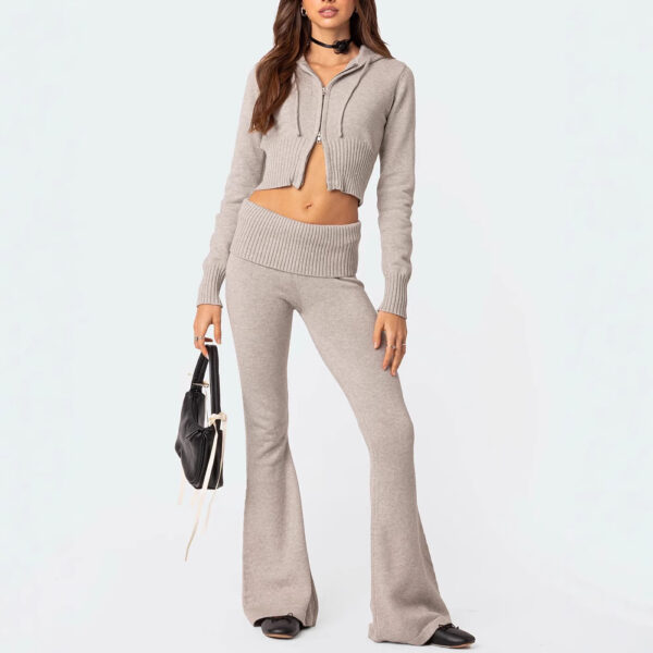 Fashion Knitted Hooded Suit Long Sleeve Zipper Cropped Top And Slim Flared Pants Trousers Solid Outfits Women's Clothing - Image 4