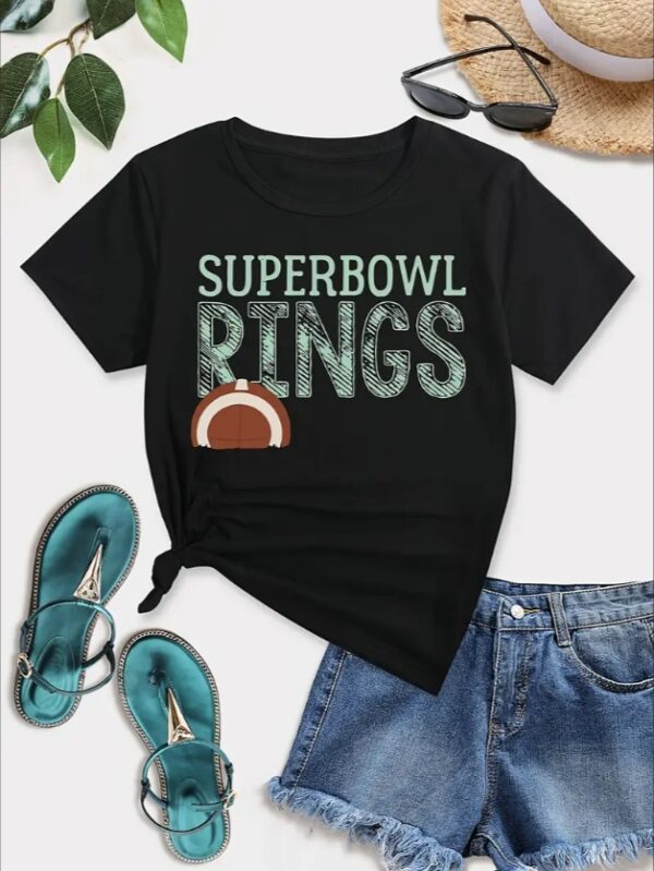 Sports-Themed Crew Neck T-Shirt With Superbowl Rings Graphic,Alphabet Pattern Casual Tee For Youth & Adults - Summer Knit Top