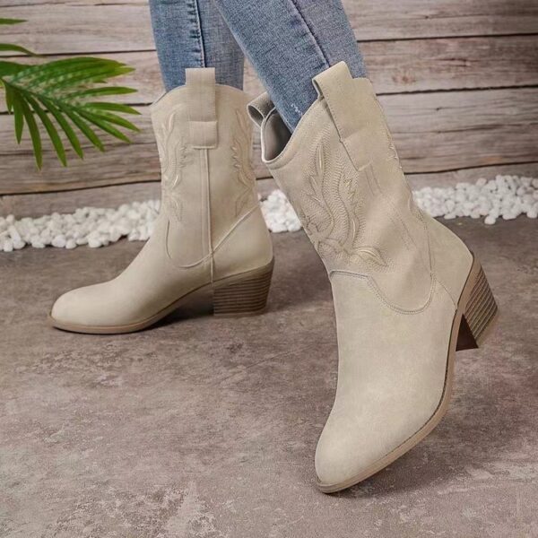 Fashion Chunky-heeled Pointed Toe Boots Winter Ethnic Style Embroidered Mid-Tube Western Shoes Women - Image 4