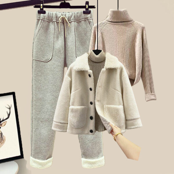 Lamb Wool Fur Sweater Casual Pants Three Piece Set Fashion Suit Women - Image 2