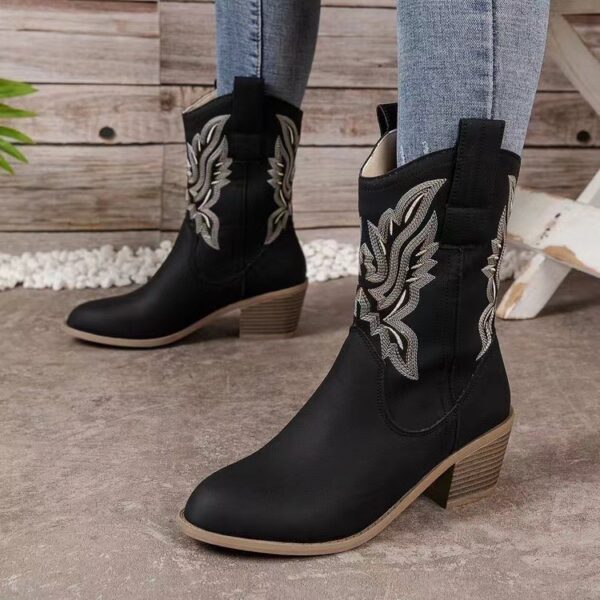 Fashion Chunky-heeled Pointed Toe Boots Winter Ethnic Style Embroidered Mid-Tube Western Shoes Women - Image 2